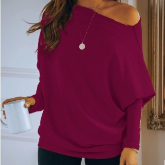 Tops - Slanted Shoulder Casual Long Sleeve Knit Top